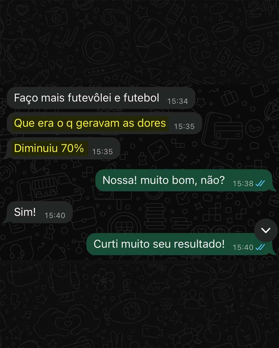 Mensagem do Danilo contando que as dores do futevôlei e do futebol diminuíram 70%