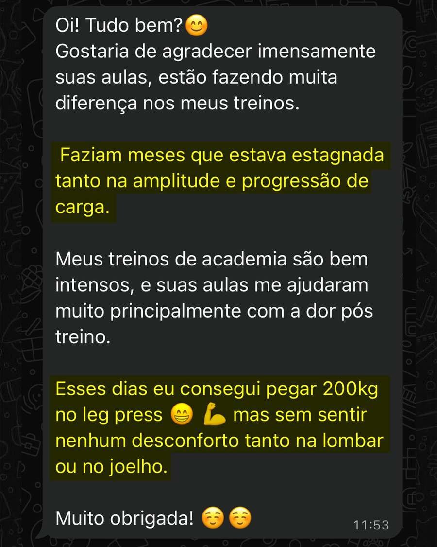 Mensagem da Vânia contando que chegou a 200 kg no leg press sem desconforto na lombar ou no joelho